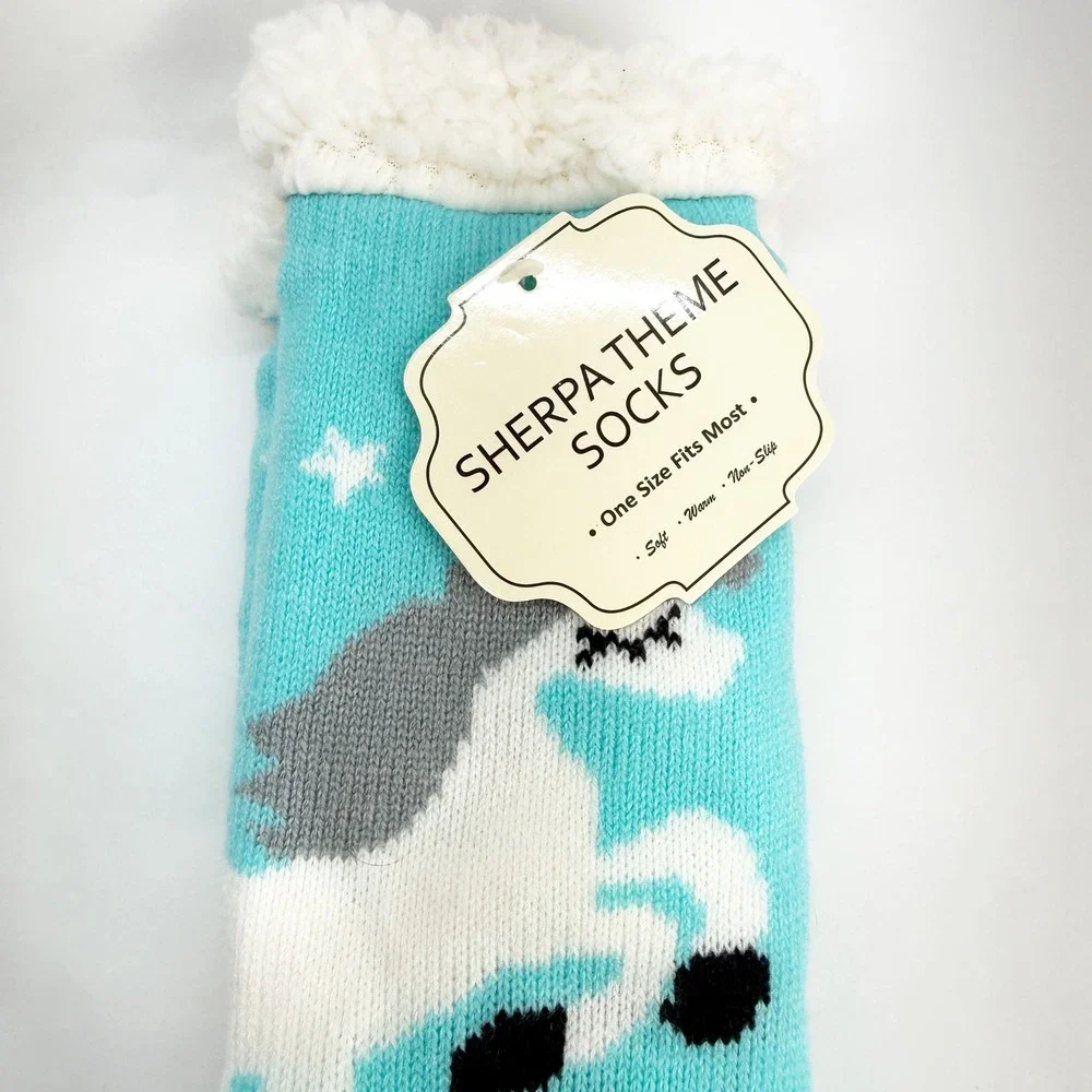 NWT Sherpa Theme Socks Unicorn Star Turquoise Blue Non-Slip Slipper Socks OSFM